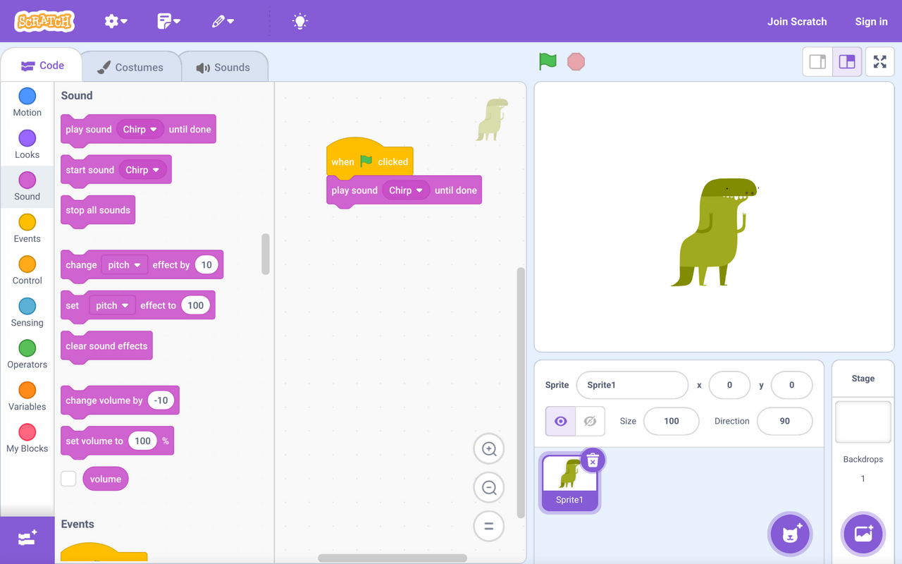 The Scratch 3 editor: the block palette on the left with colorful code blocks, the script area in the middle where blocks snap together, the stage on the right where the sprite performs, and the sprite panel below the stage